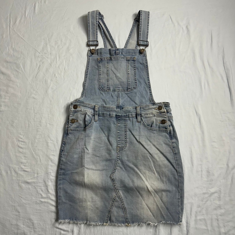 Womens Denim Overall Dress Light Wash Frayed Hem‎ Adjustable Straps Size Medium